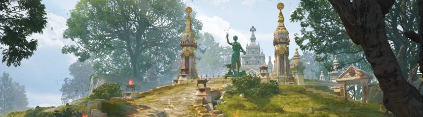 into the echo time travel fantasy mmorpg town square statue banner